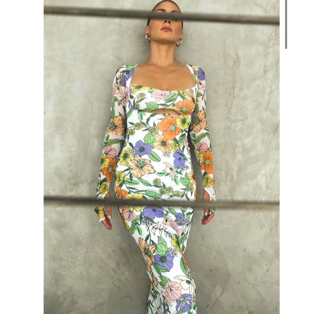 Kellen Cutout Long Sleeve Mesh Midi Dress In Vintage Floral